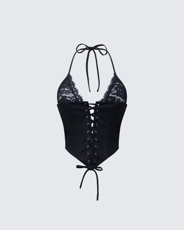 Jennie Black Lace Halter Corset Top made by Finesse