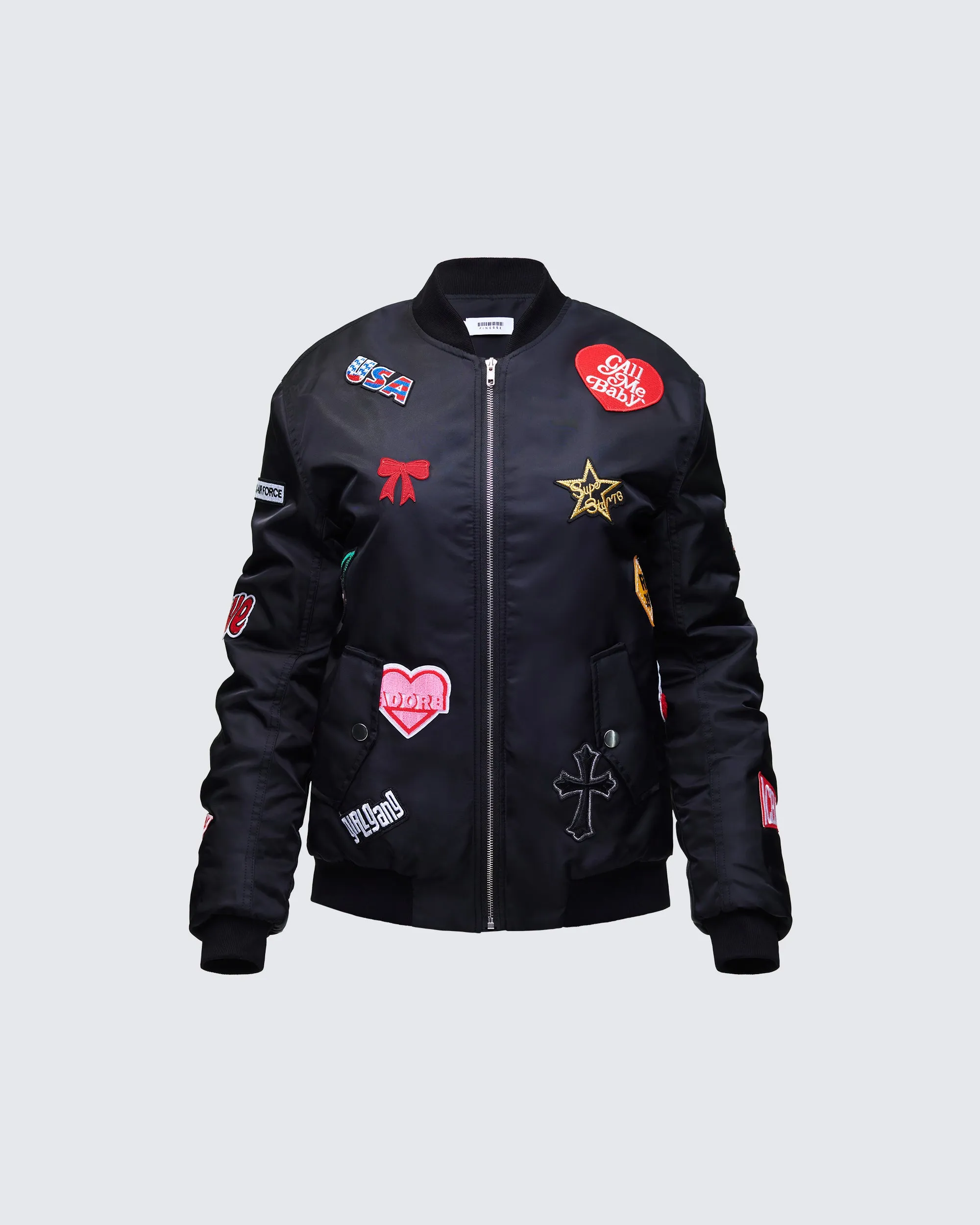 Becky Black Multi Patch Bomber sold by Finesse
