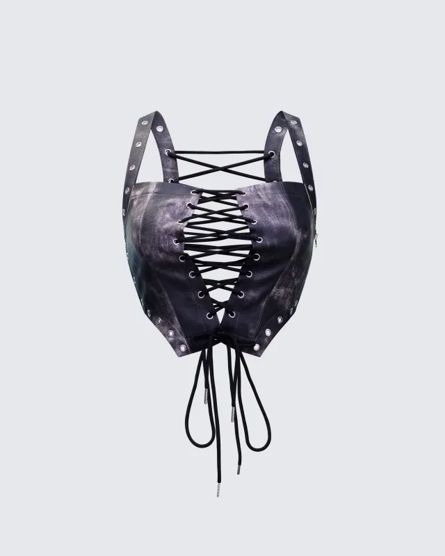 Danira Black Vegan Leather Backless Corset Top made by Finesse