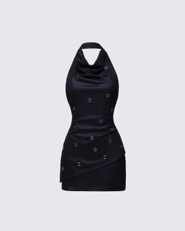 Mina Black Halter Eyelet Leather Look Dress made by Finesse