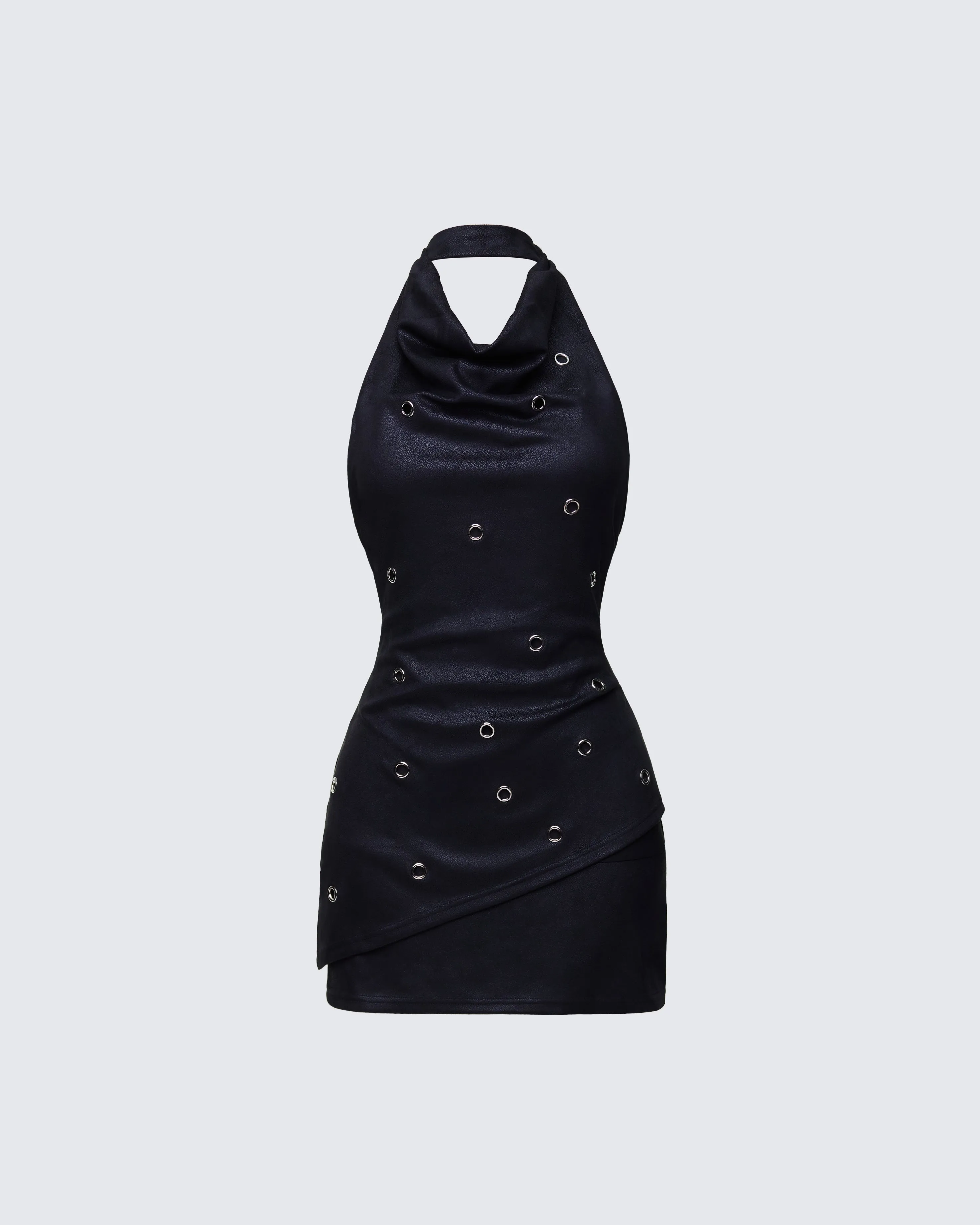 Mina Black Halter Eyelet Leather Look Dress sold by Finesse