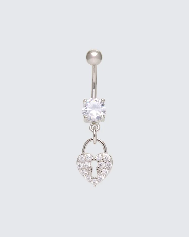 Corinne Silver Heart Lock Belly Bar made by Finesse