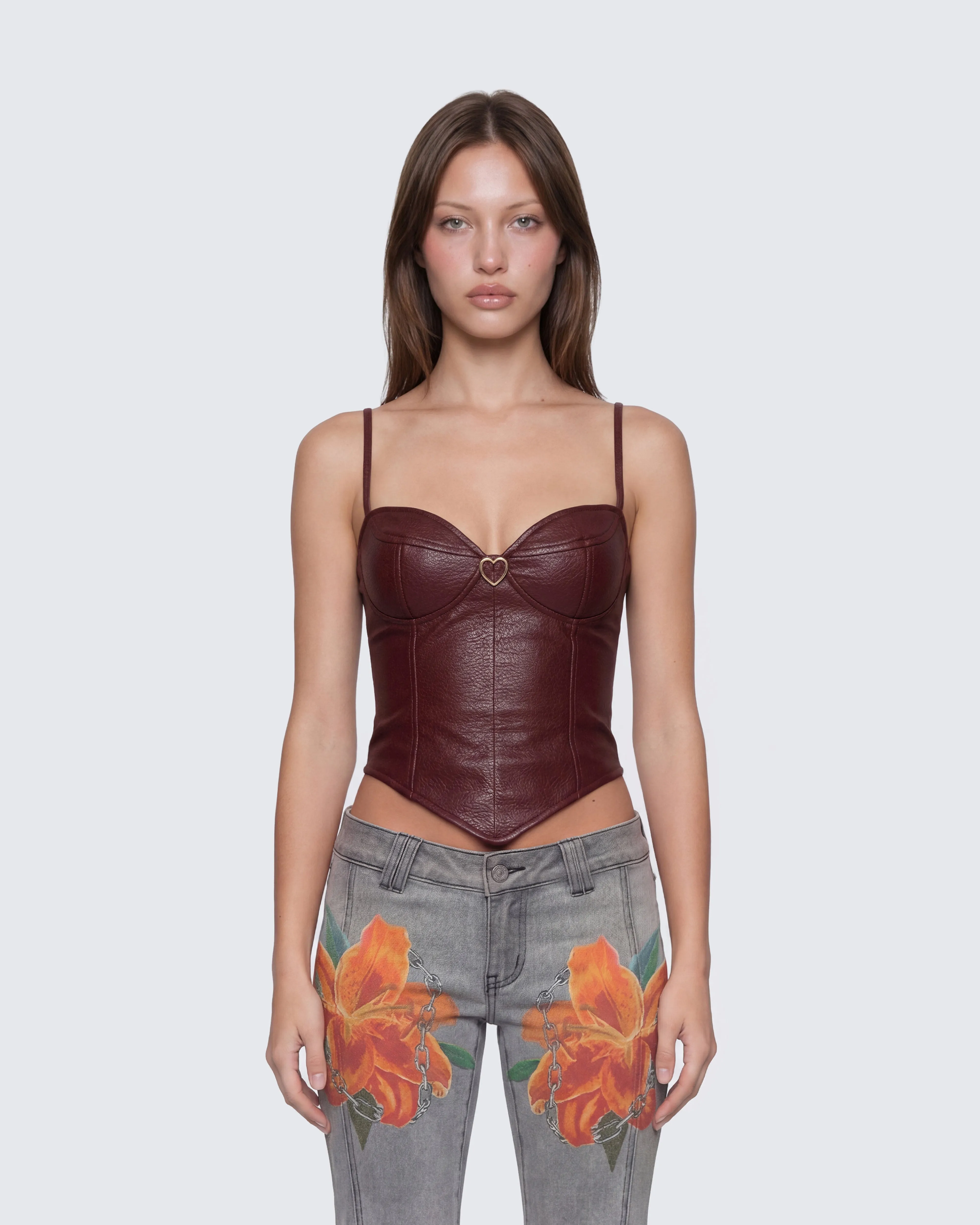 Sway Burgundy Leather Look Gold Trim Corset Top sold by Finesse product image thumbnail 2