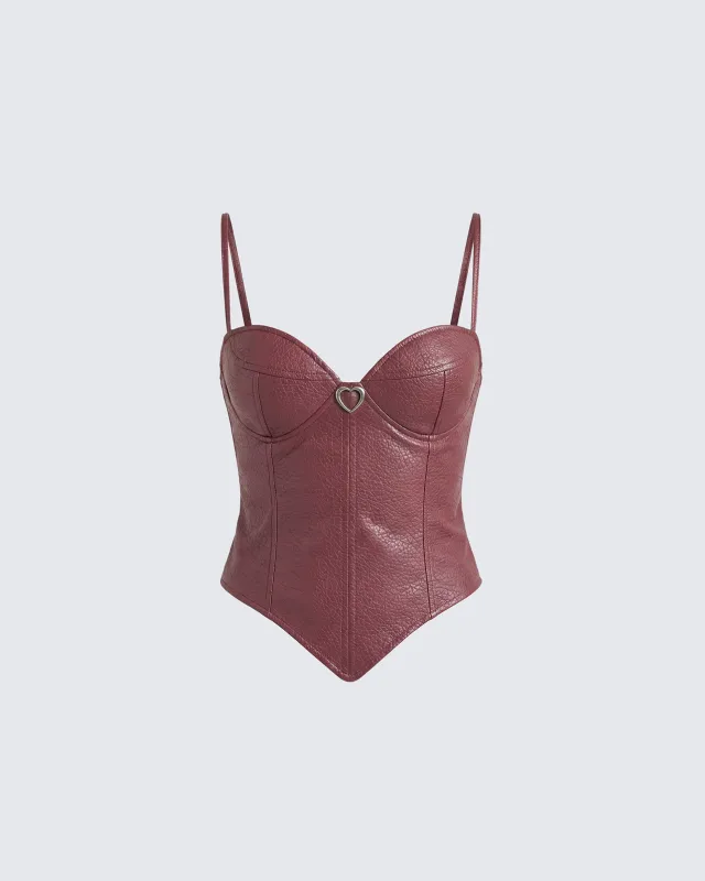 Sway Burgundy Leather Look Gold Trim Corset Top made by Finesse