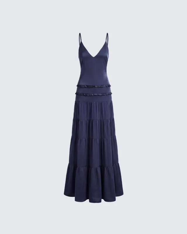 Savanna Navy Backless Satin Maxi Dress made by Finesse