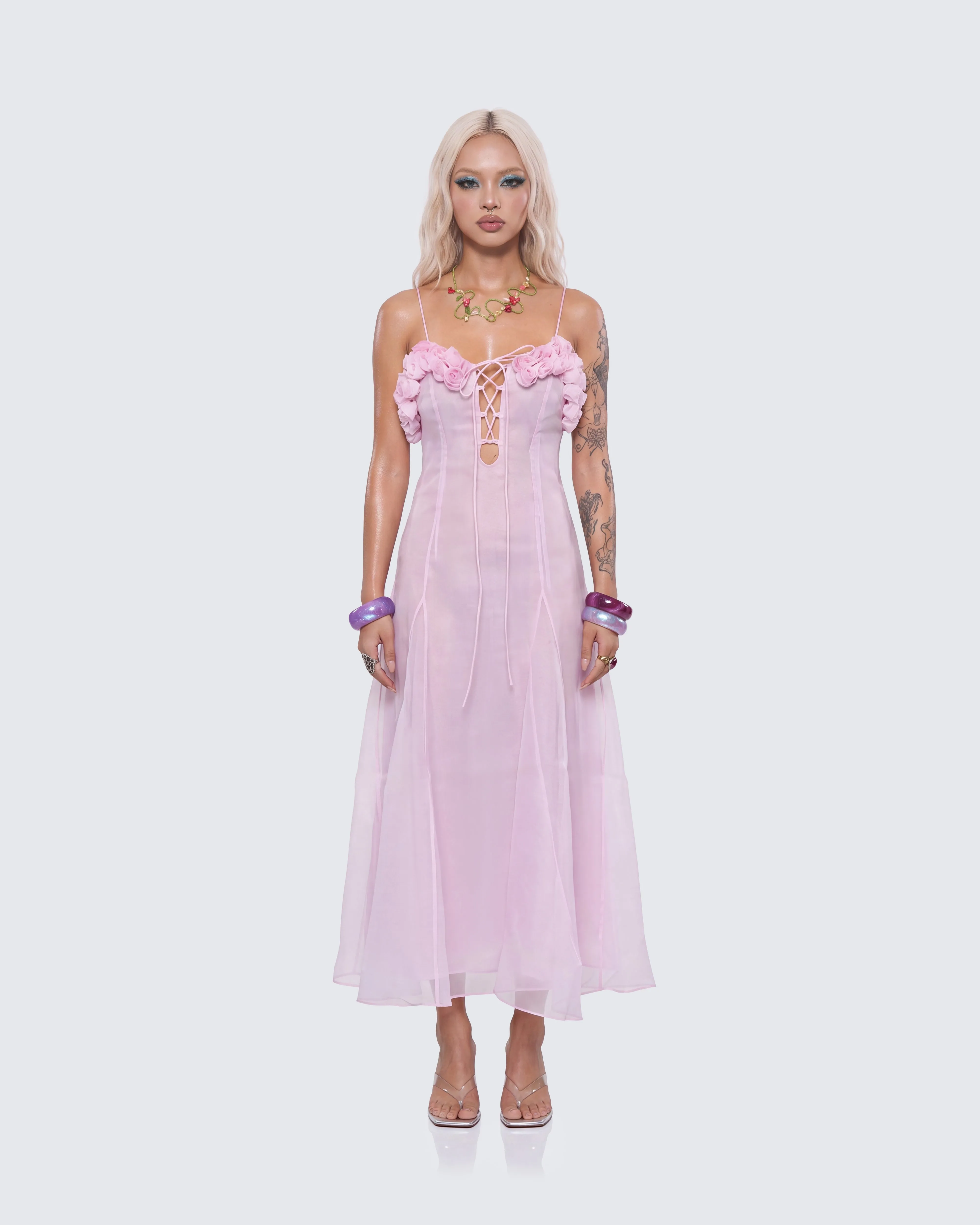 Glena Pink Sheer Godet Midi Dress sold by Finesse product image thumbnail 2
