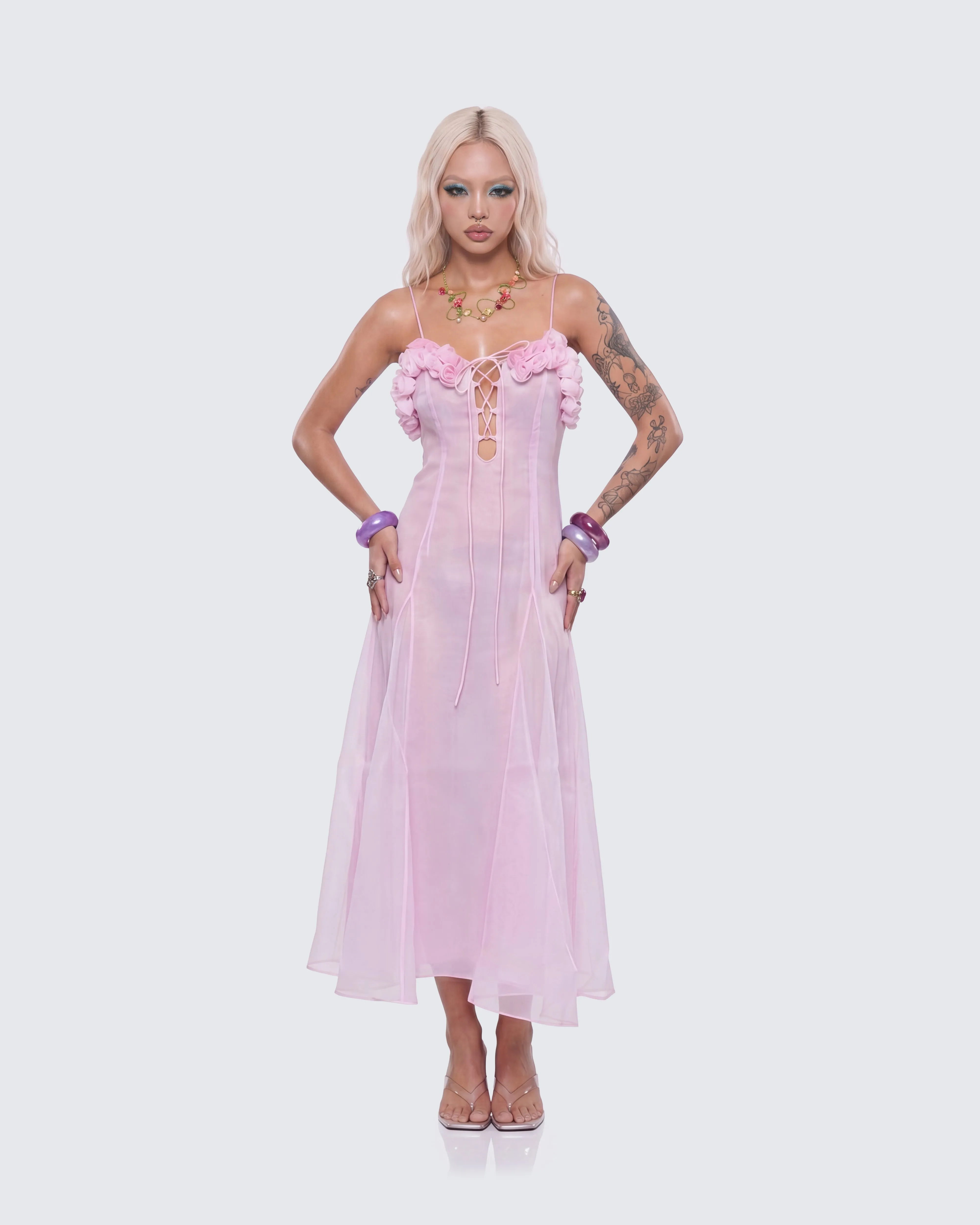Glena Pink Sheer Godet Midi Dress sold by Finesse product image thumbnail 3