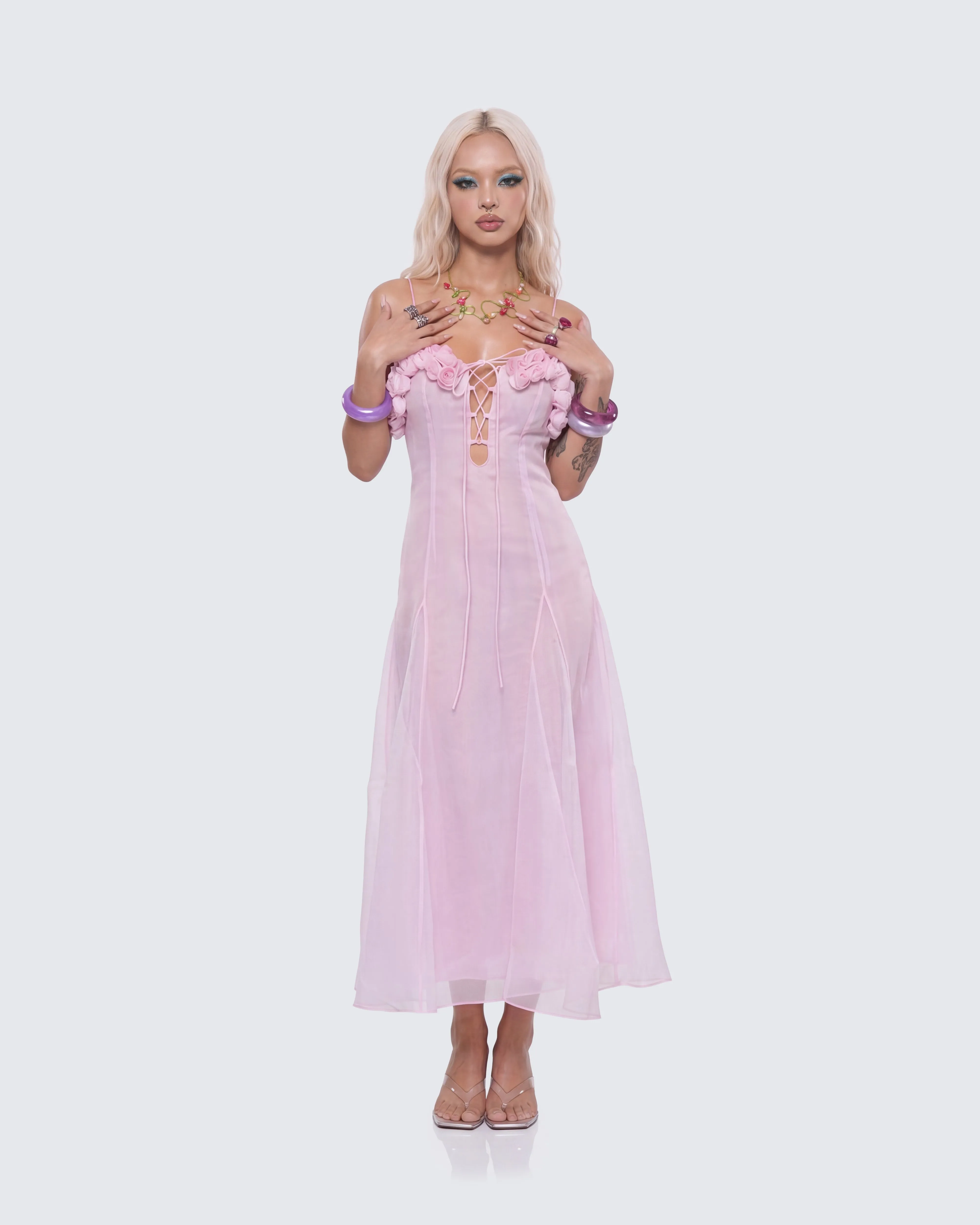 Glena Pink Sheer Godet Midi Dress sold by Finesse product image thumbnail 4