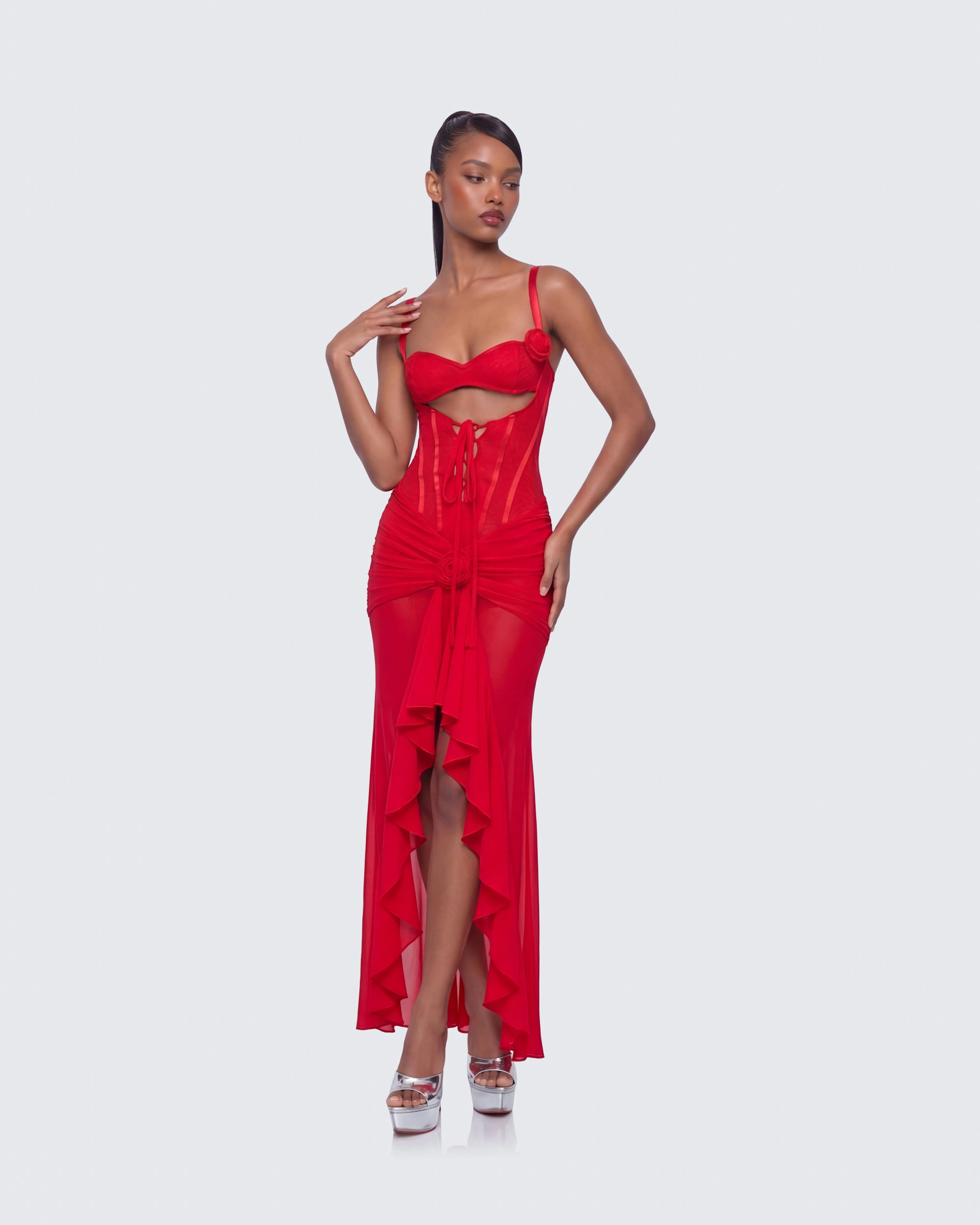 Solana Red Lace and Mesh Maxi Dress sold by Finesse product image thumbnail 4