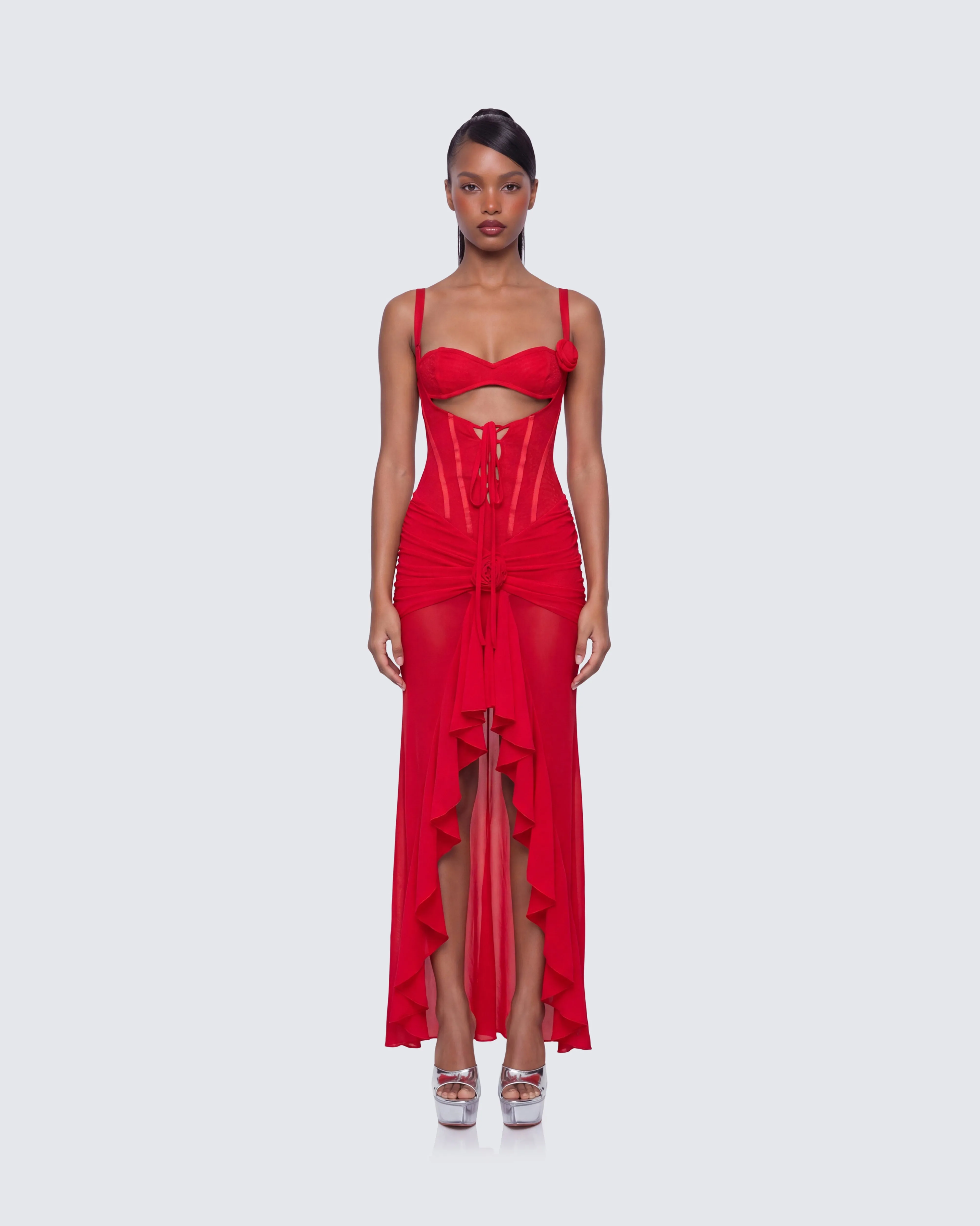 Solana Red Lace and Mesh Maxi Dress sold by Finesse product image thumbnail 2
