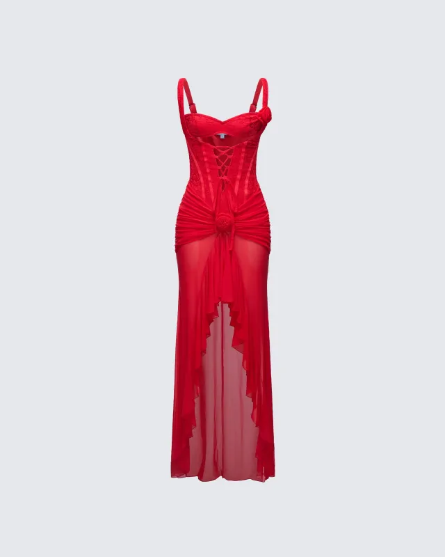 Solana Red Lace and Mesh Maxi Dress made by Finesse