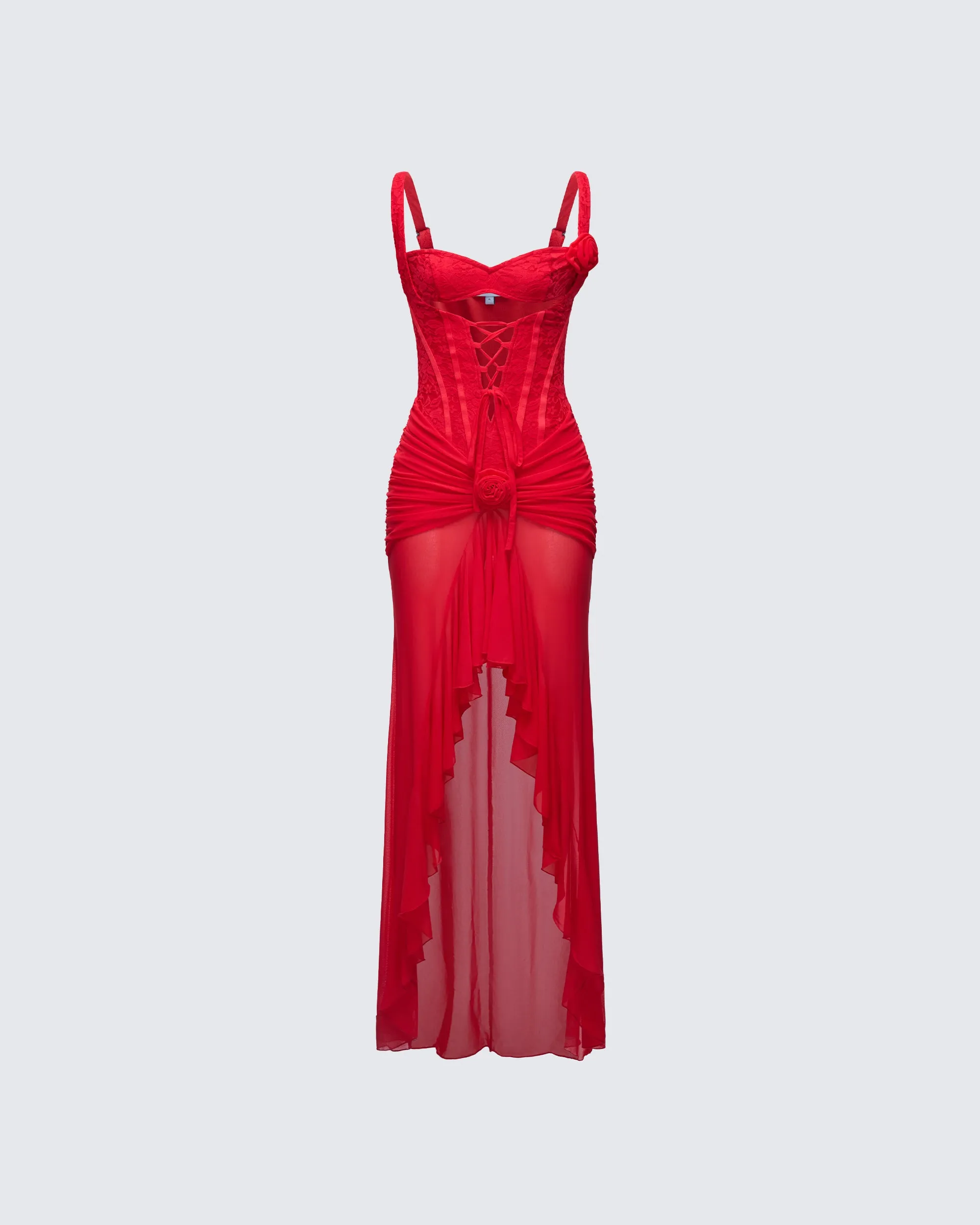 Solana Red Lace and Mesh Maxi Dress sold by Finesse