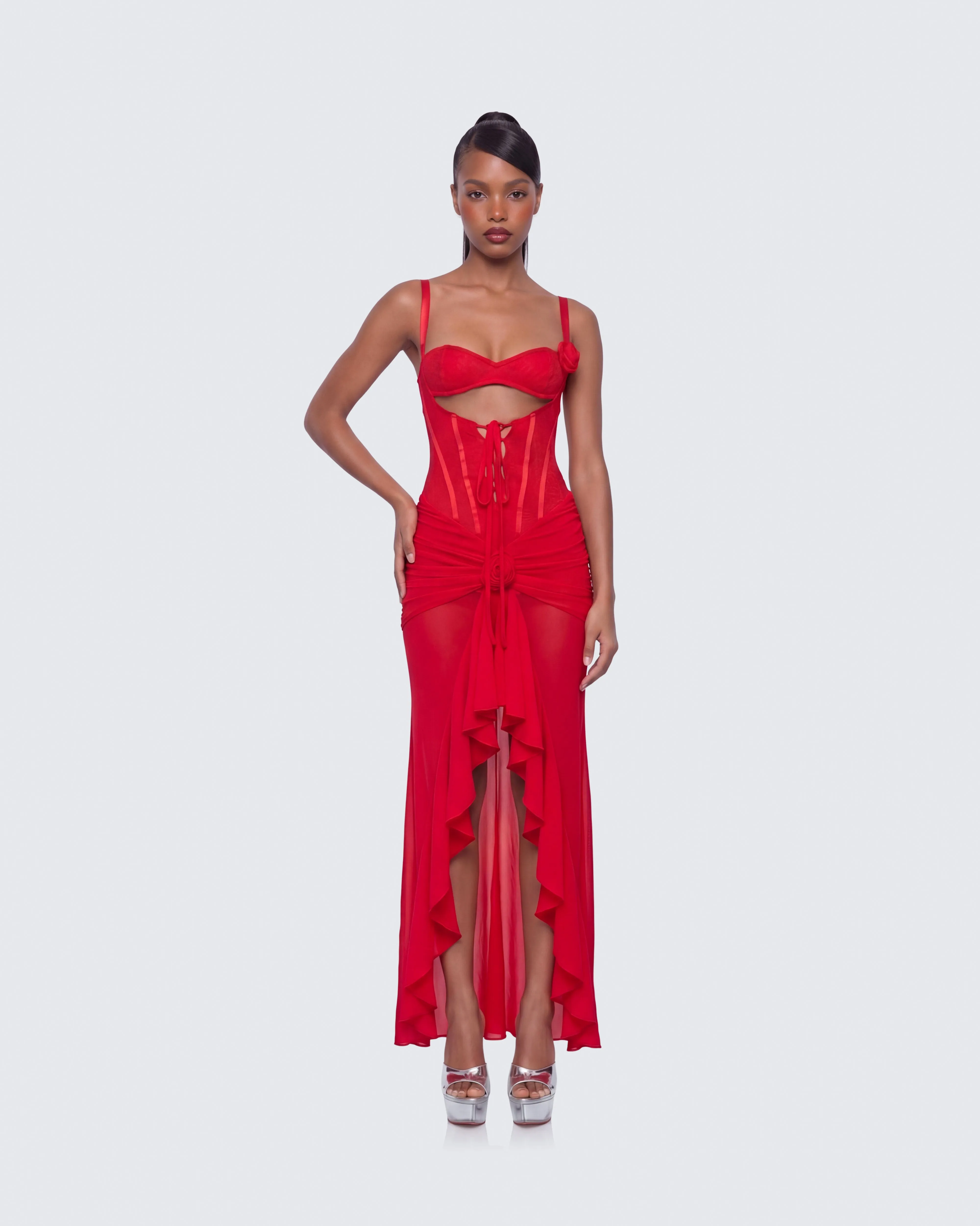 Solana Red Lace and Mesh Maxi Dress sold by Finesse product image thumbnail 3
