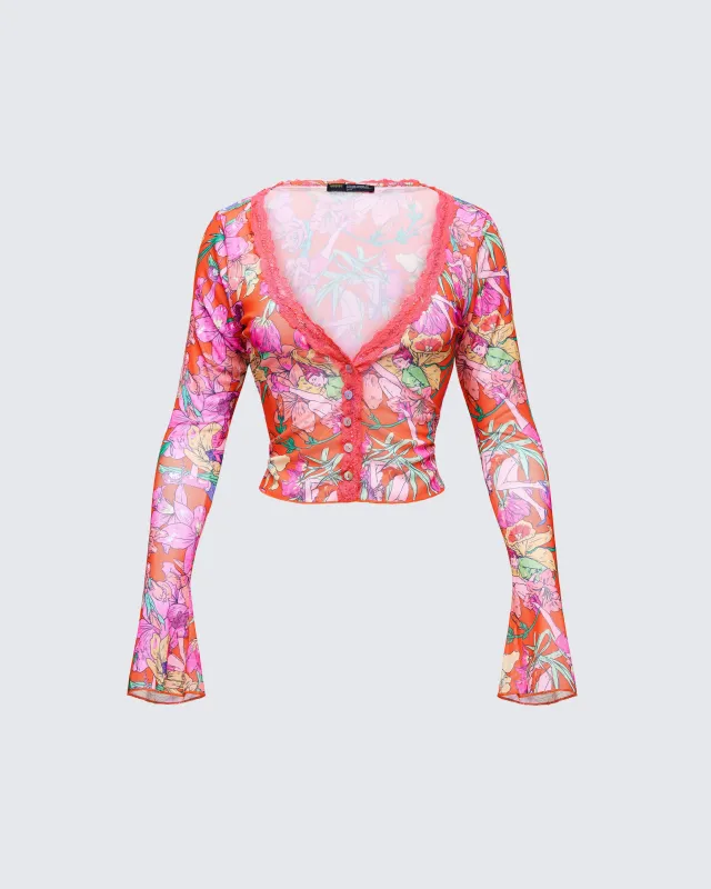 Aurelia Orange Printed Mesh Top made by Finesse