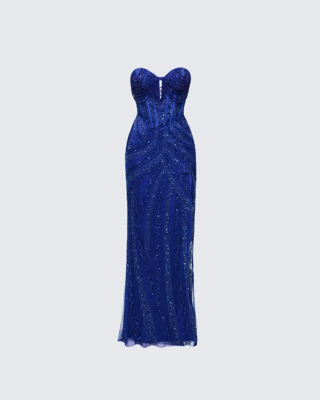 Aila Blue Satin Embellished Maxi Dress made by Finesse