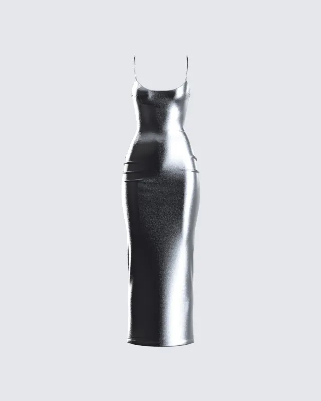 Aurra Metallic Gunmetal Midi Dress sold by Finesse