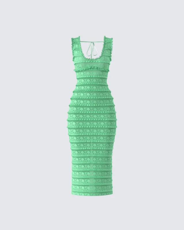 Kairi Green Ruffle Trim Midi Dress sold by Finesse