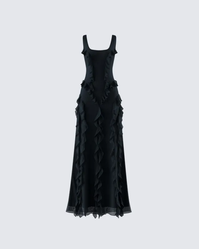 Katelyn Black Ruffle Maxi Dress sold by Finesse