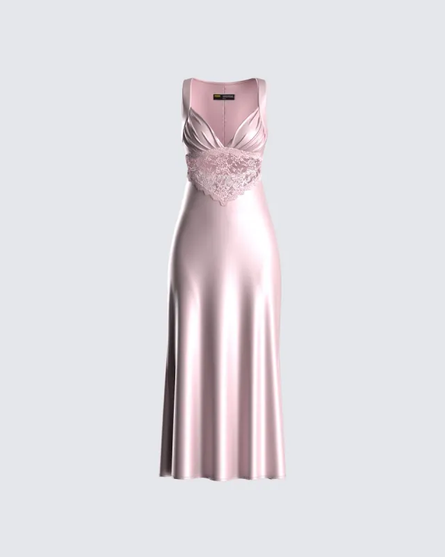 Saba Pink Satin Lace Midi Dress sold by Finesse