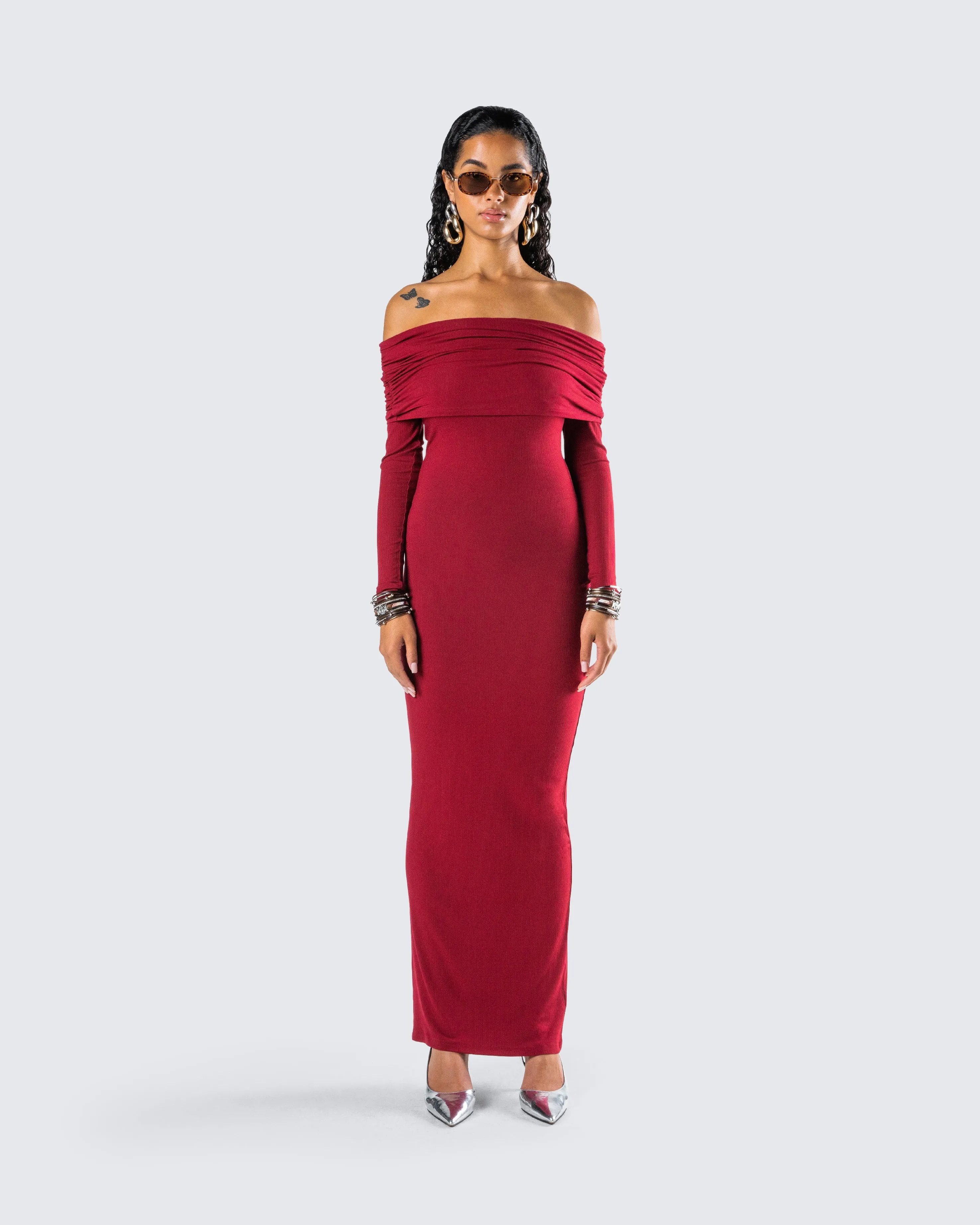 Kyan Burgundy Off Shoulder Maxi Dress sold by Finesse product image thumbnail 4