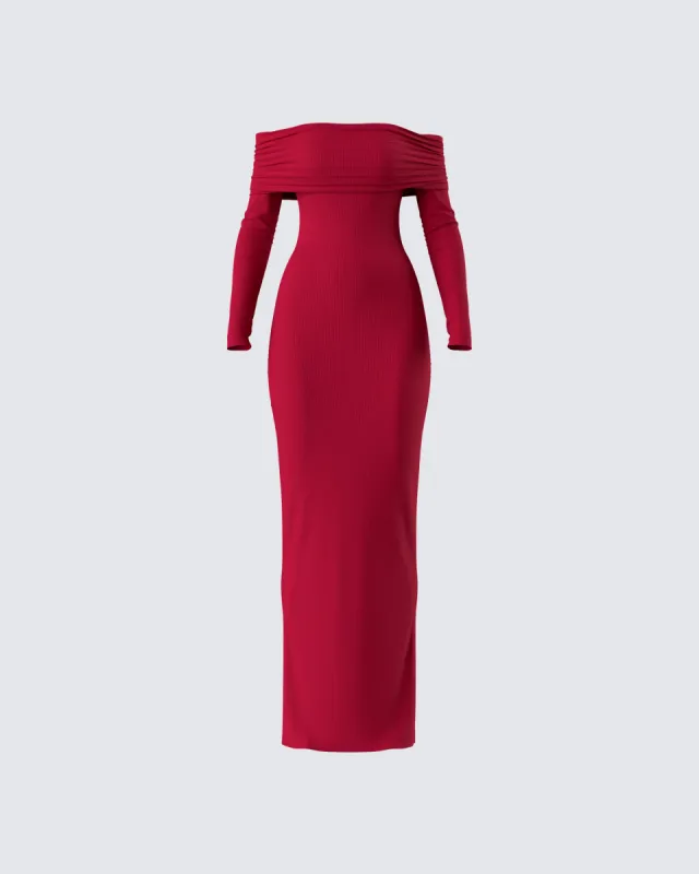 Kyan Burgundy Off Shoulder Maxi Dress sold by Finesse