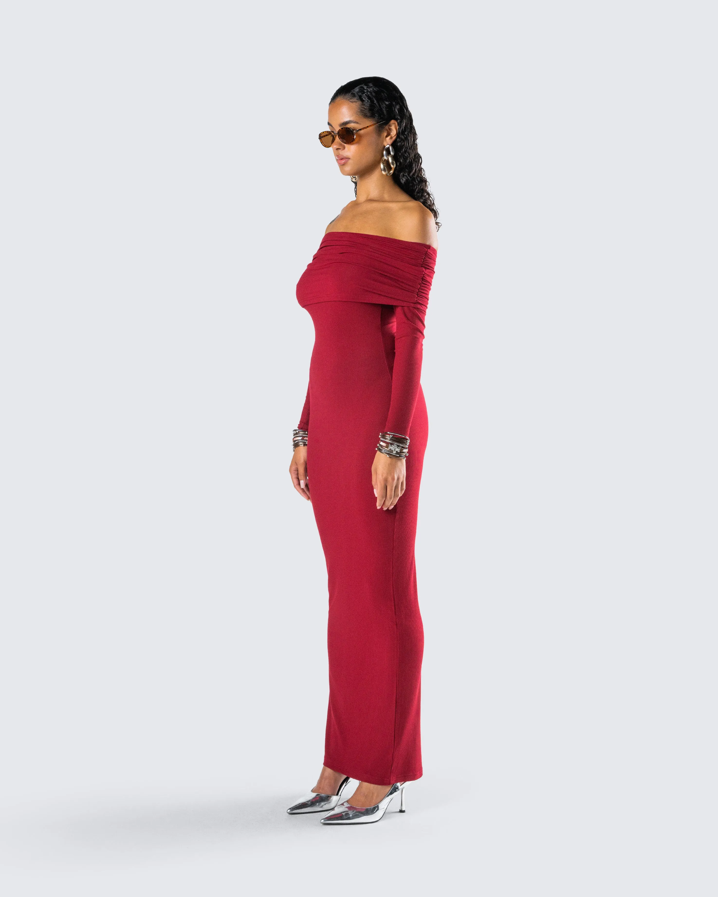 Kyan Burgundy Off Shoulder Maxi Dress sold by Finesse product image thumbnail 5