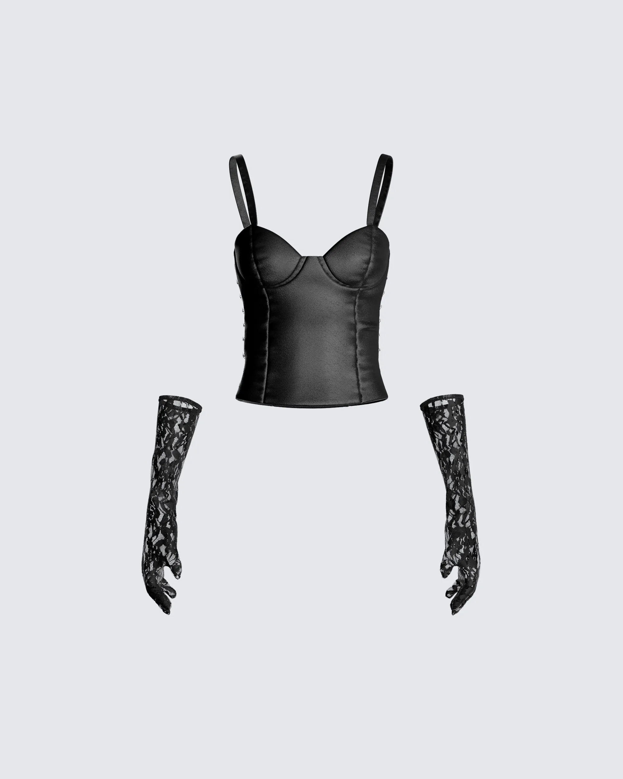 Beatrix Black Corset Top & Gloves sold by Finesse