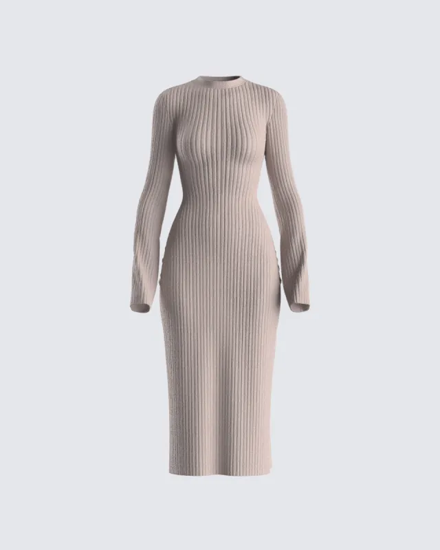 Rejina Taupe Wide Rib Midi Dress sold by Finesse