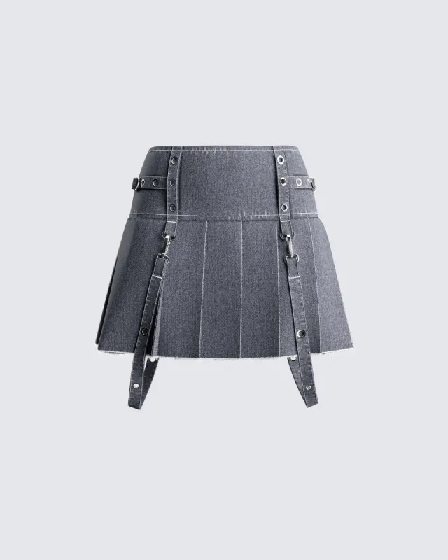 Dina Grey Denim Pleated Mini Skirt sold by Finesse