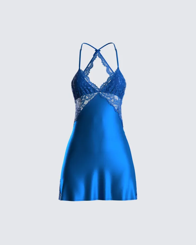 Bernadette Blue Lace Satin Dress sold by Finesse
