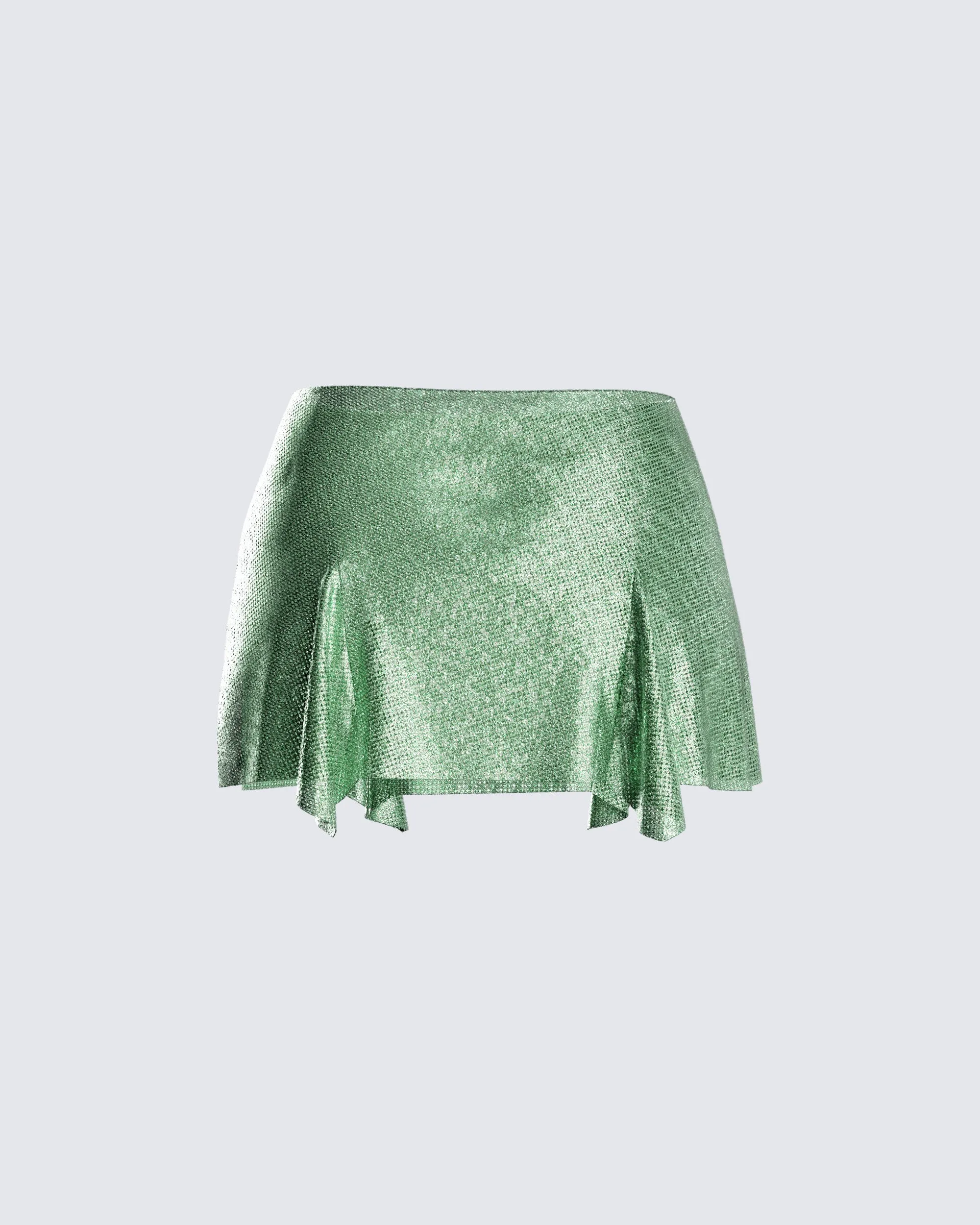 【MOISESNIETO】 GREEN FUR slit SKIRT Finesse Lula Green Rhinestone Mini Skirt | Parallel