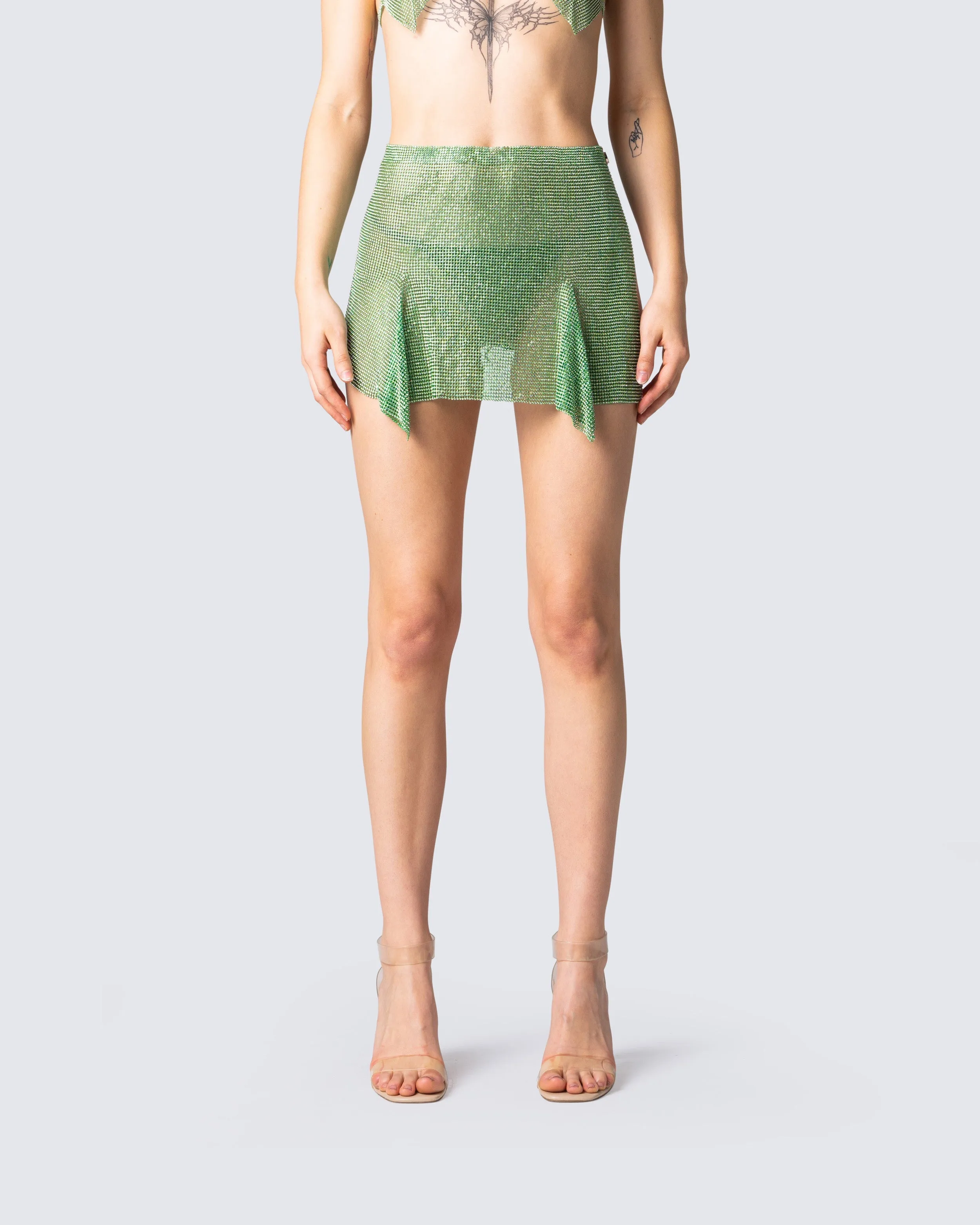 【MOISESNIETO】 GREEN FUR slit SKIRT Lula Green Rhinestone Mini Skirt | Parallel