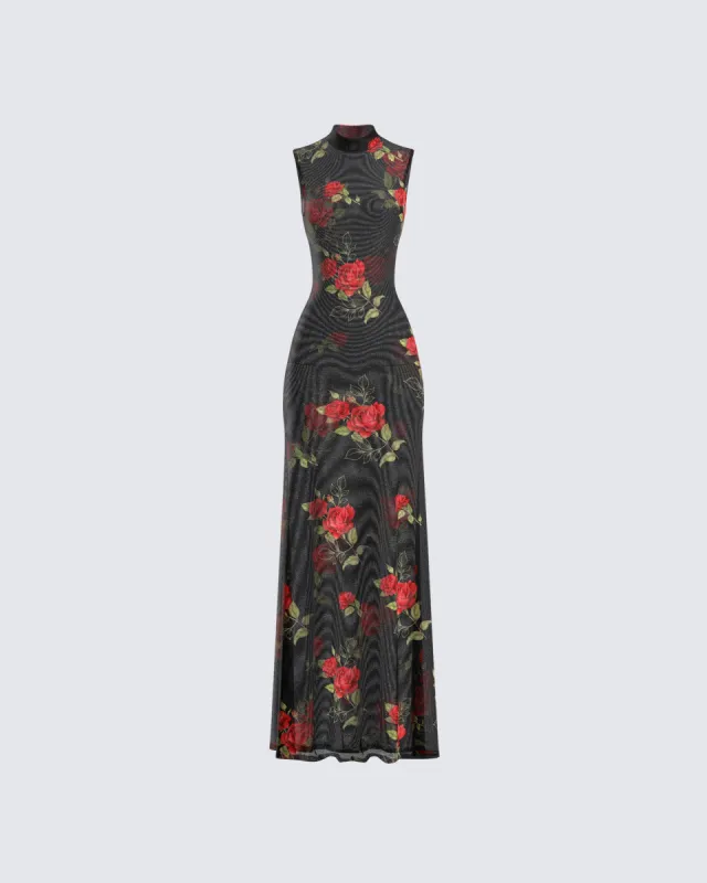 Tata Rose Print Mesh Maxi Dress sold by Finesse