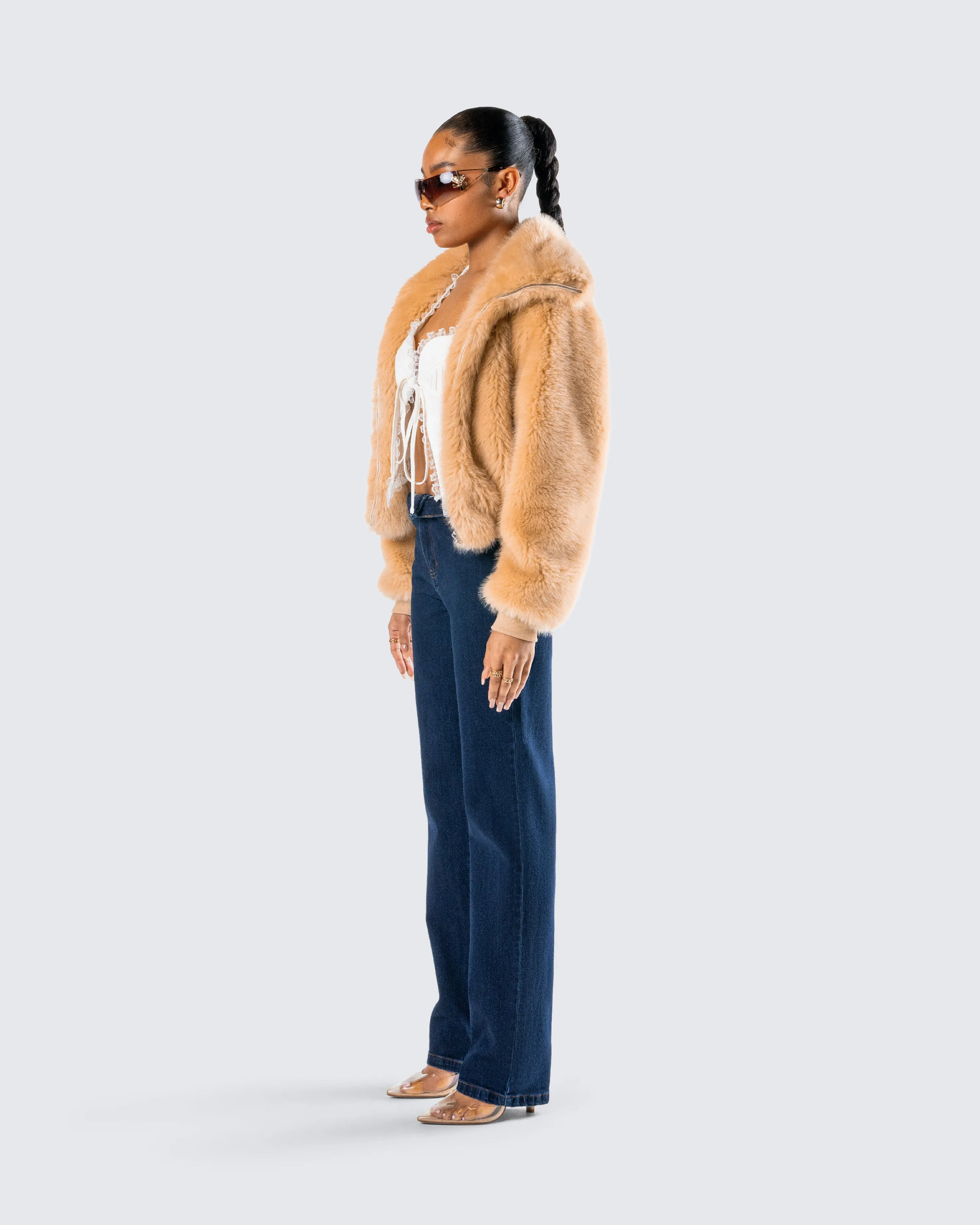 Briar Tan Faux Fur Bomber Jacket sold by Finesse product image thumbnail 5
