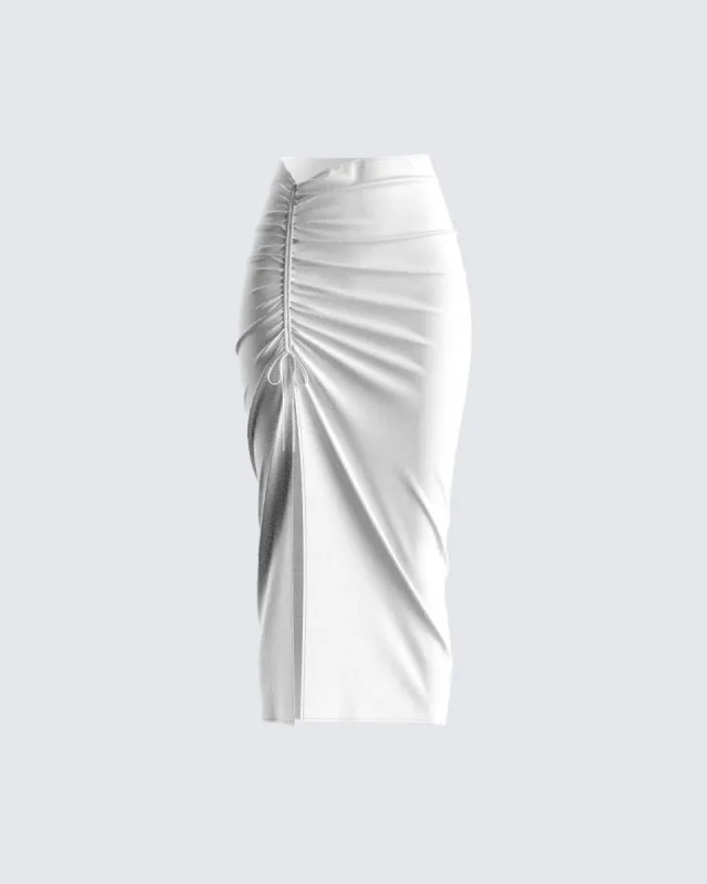 Adely White Shirred Midi Skirt sold by Finesse