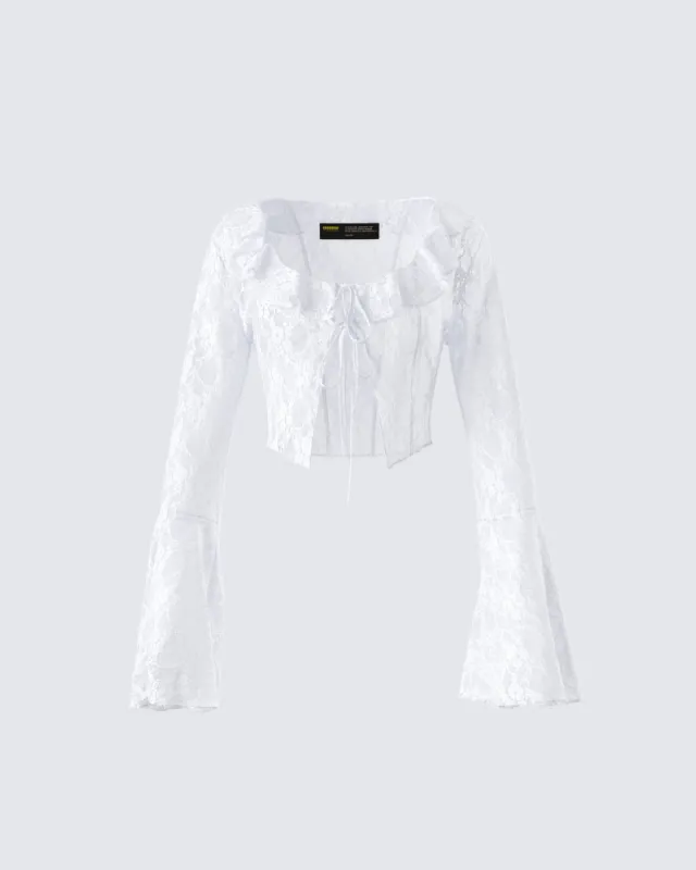 Juliet White Lace Ruffle Top sold by Finesse