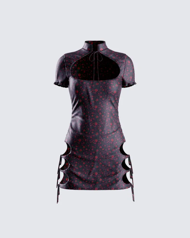 Ivie Black Floral Satin Mini Dress sold by Finesse