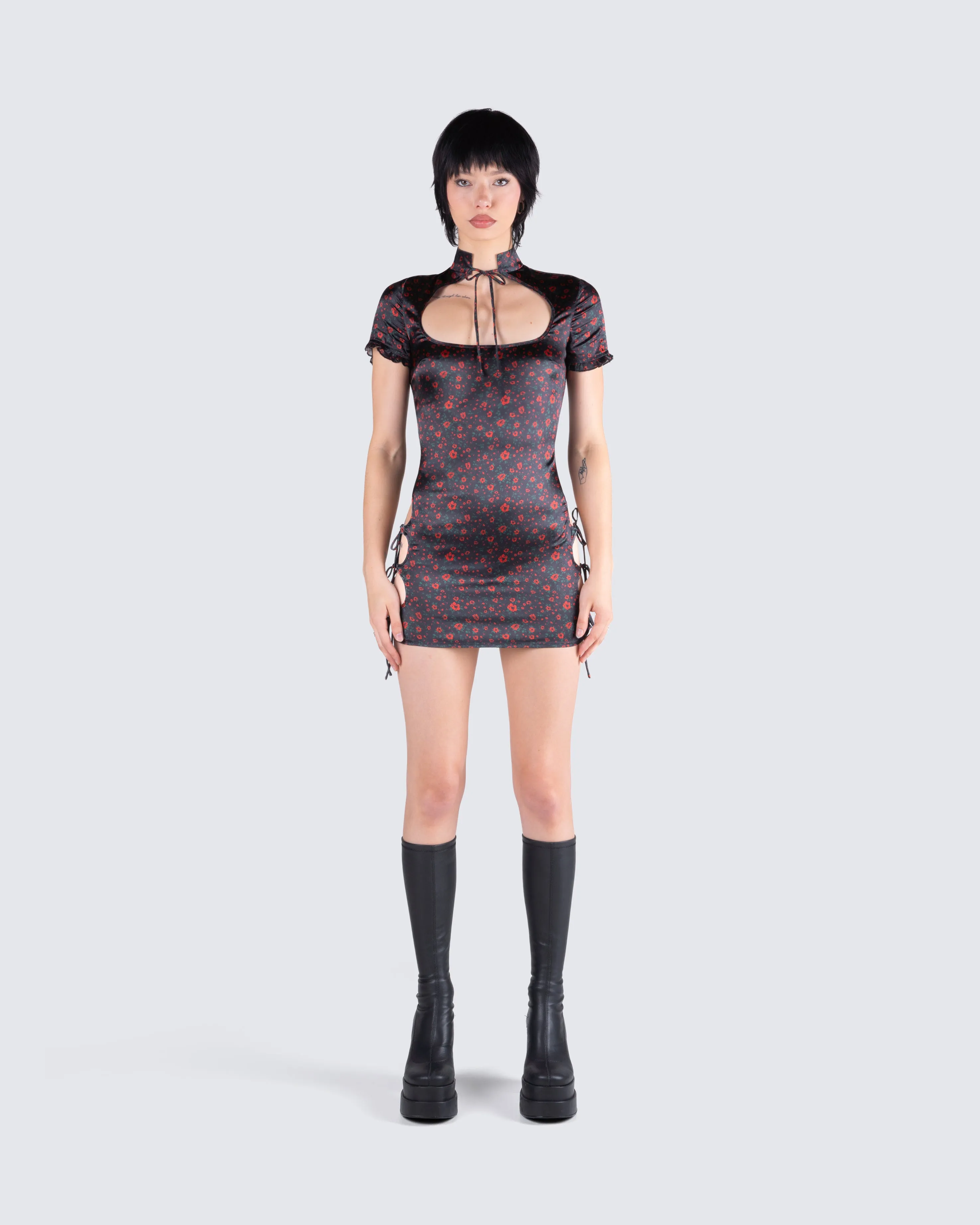 Ivie Black Floral Satin Mini Dress sold by Finesse product image thumbnail 4