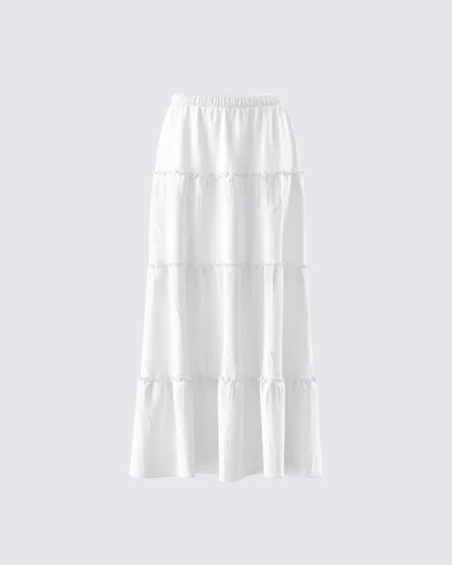 Bailee White Tiered Midi Skirt sold by Finesse
