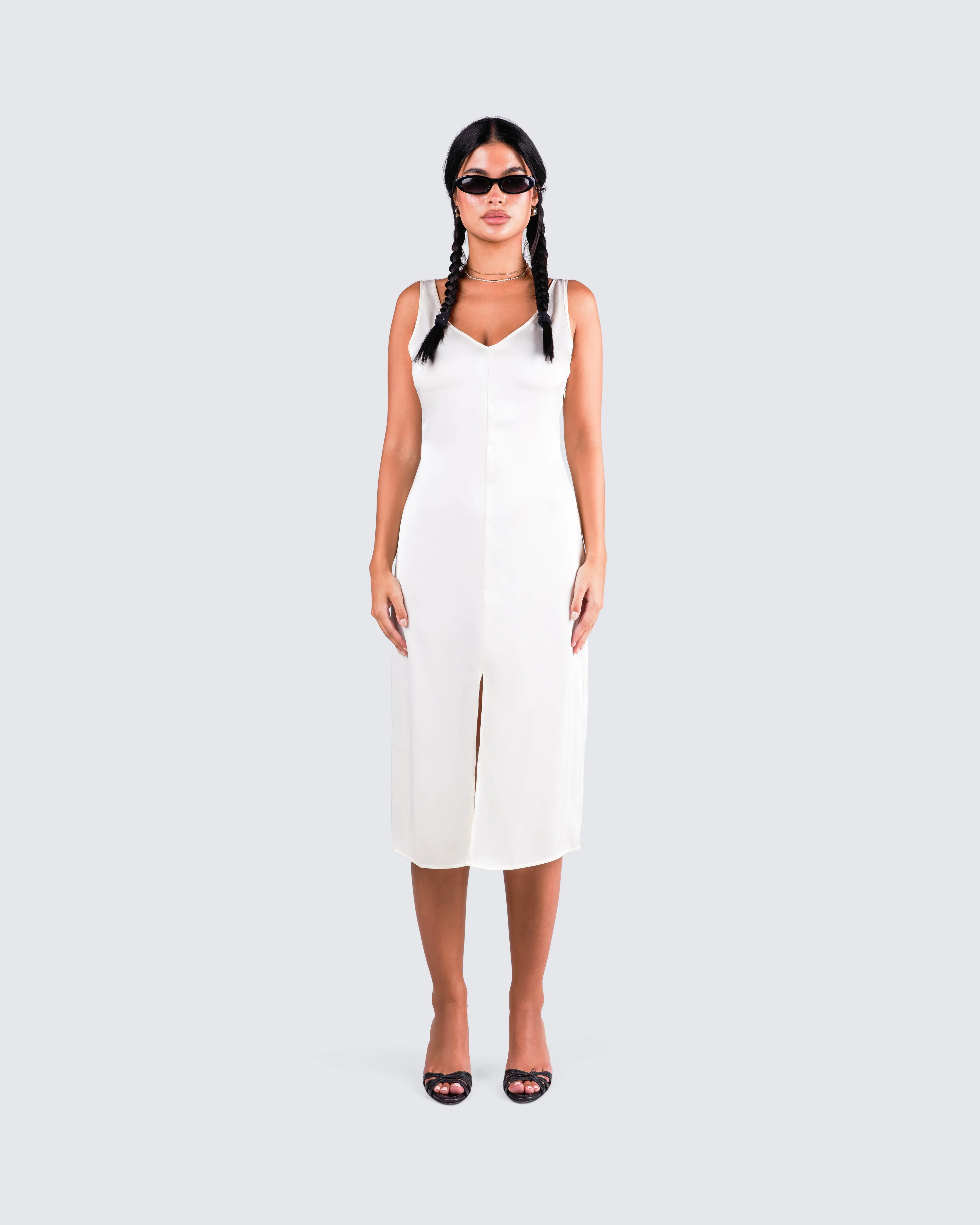 Saskia White Satin Slit Midi Dress sold by Finesse product image thumbnail 4