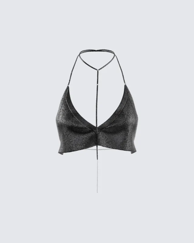 Shelly Black Chainmail Halter Top sold by Finesse