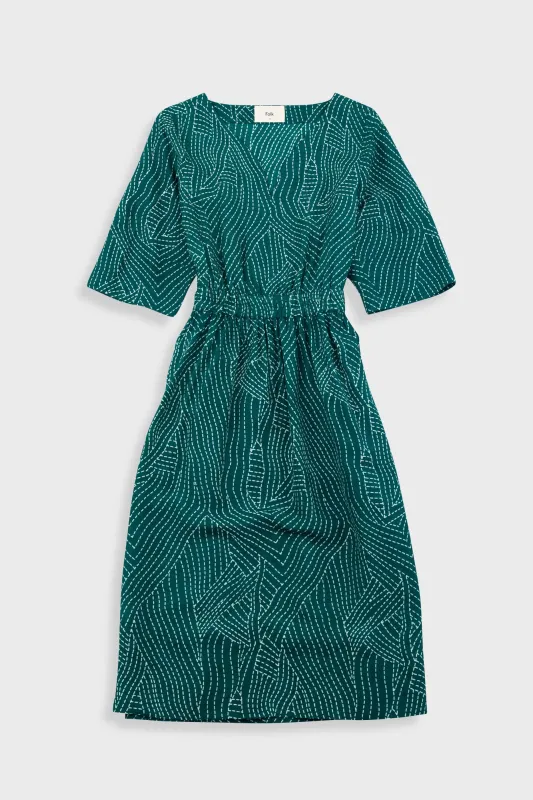 Gathered Dress - Vintage Green Stitch Print sold by Folk