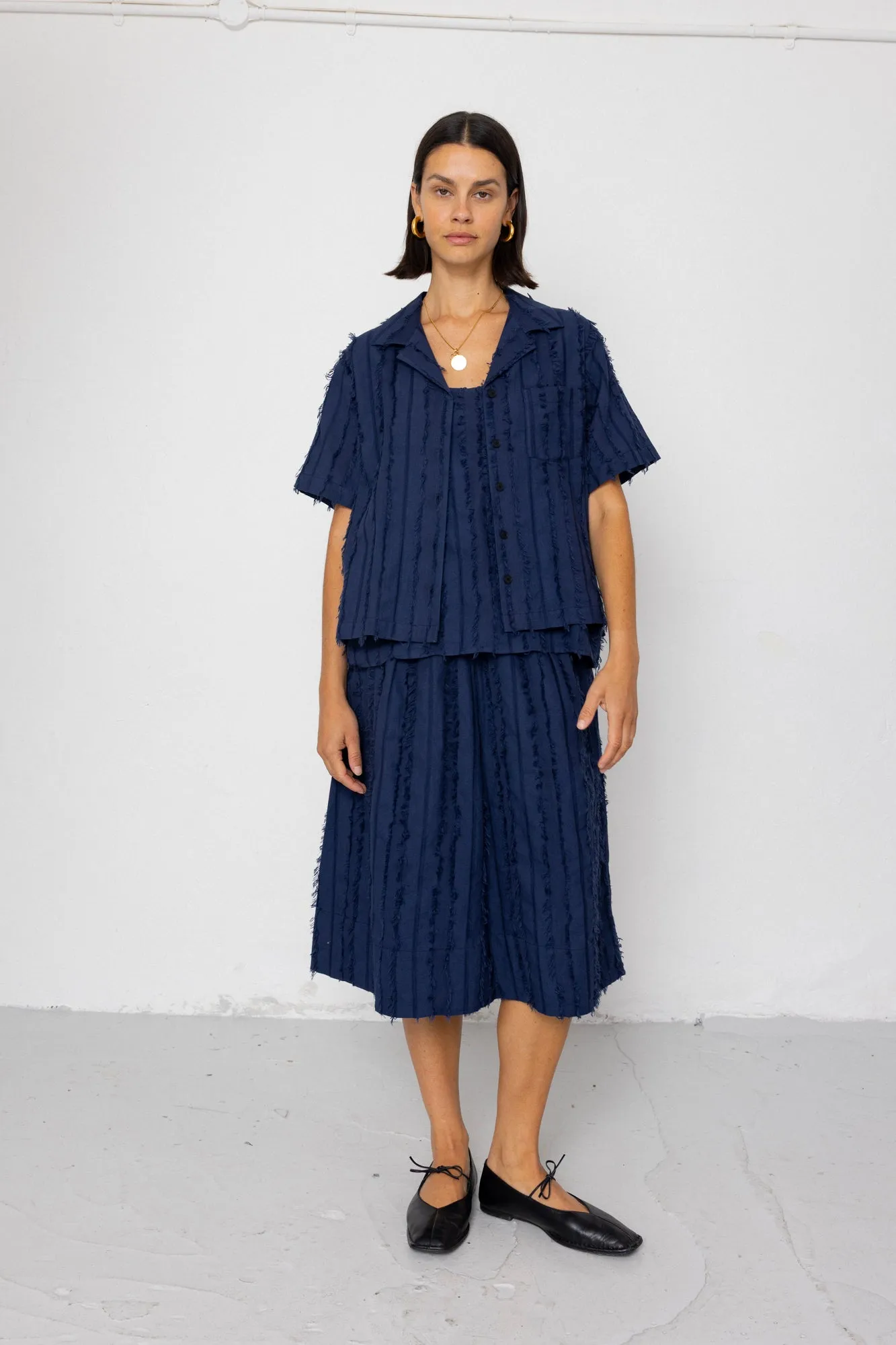 Short Sleeve Soft Collar Shirt - Dark Navy Cutwork Stripe sold by Folk product image thumbnail 3