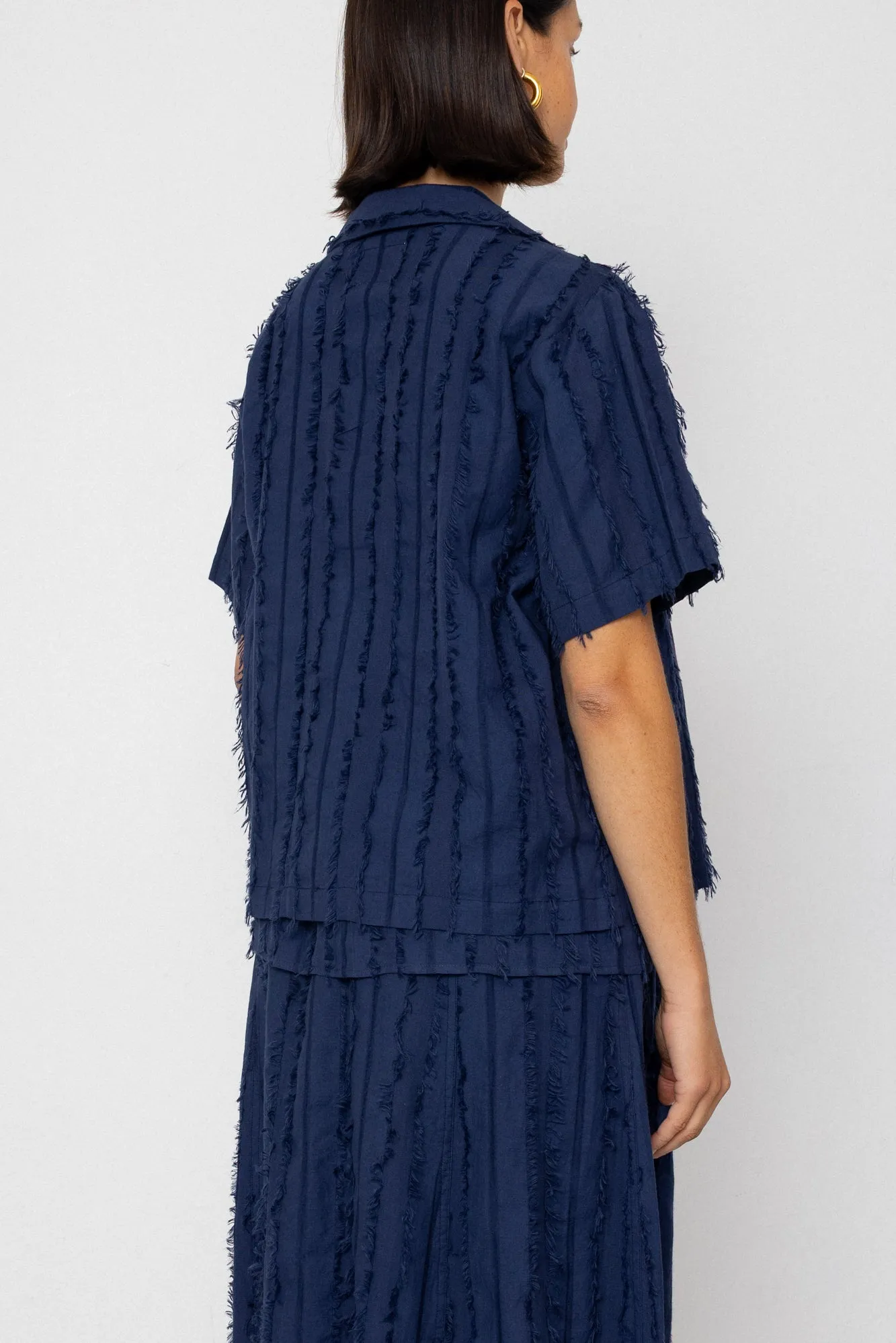 Short Sleeve Soft Collar Shirt - Dark Navy Cutwork Stripe sold by Folk product image thumbnail 2
