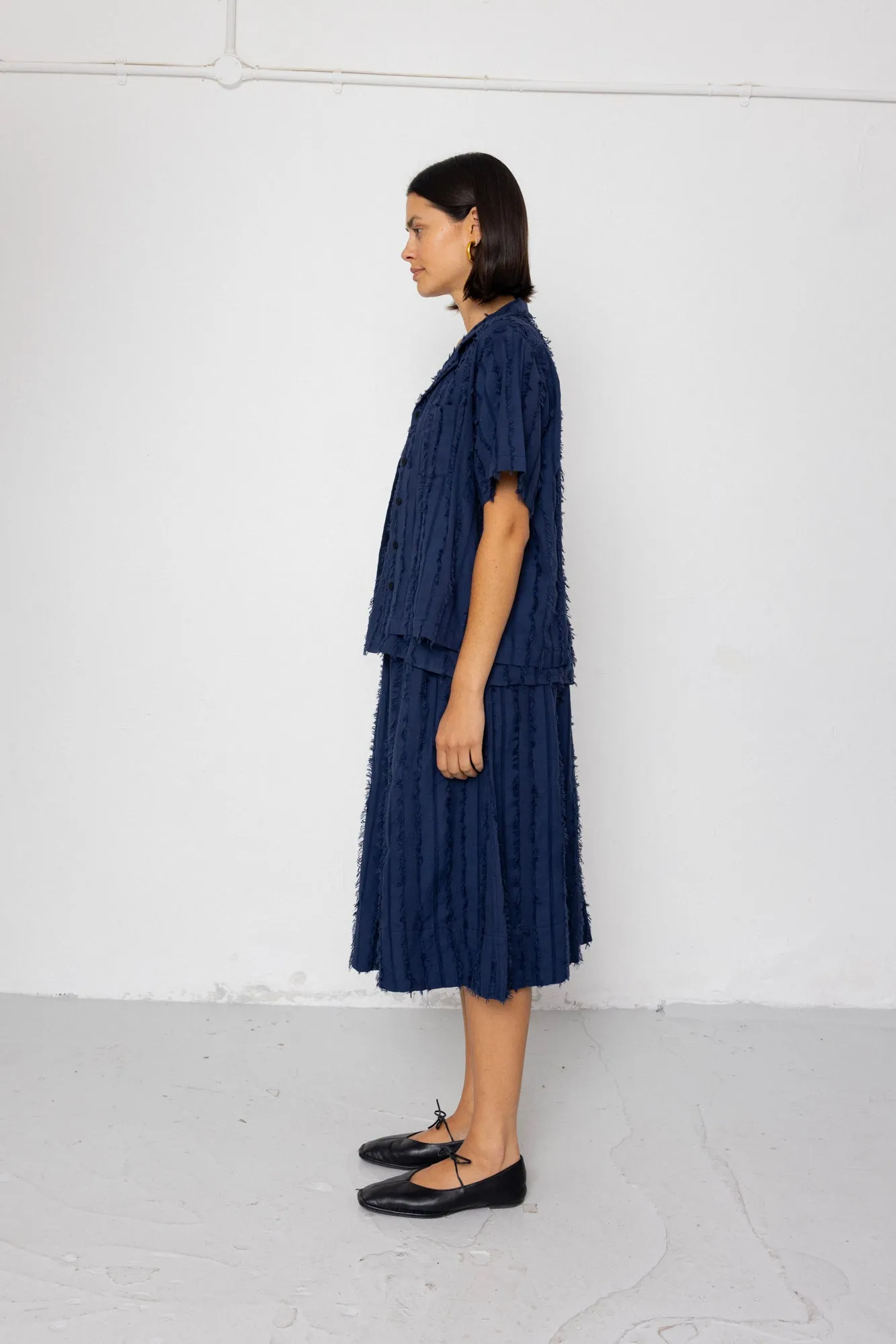 Short Sleeve Soft Collar Shirt - Dark Navy Cutwork Stripe sold by Folk product image thumbnail 5