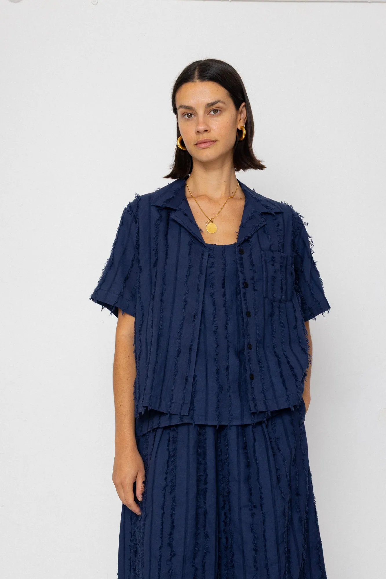 Short Sleeve Soft Collar Shirt - Dark Navy Cutwork Stripe sold by Folk