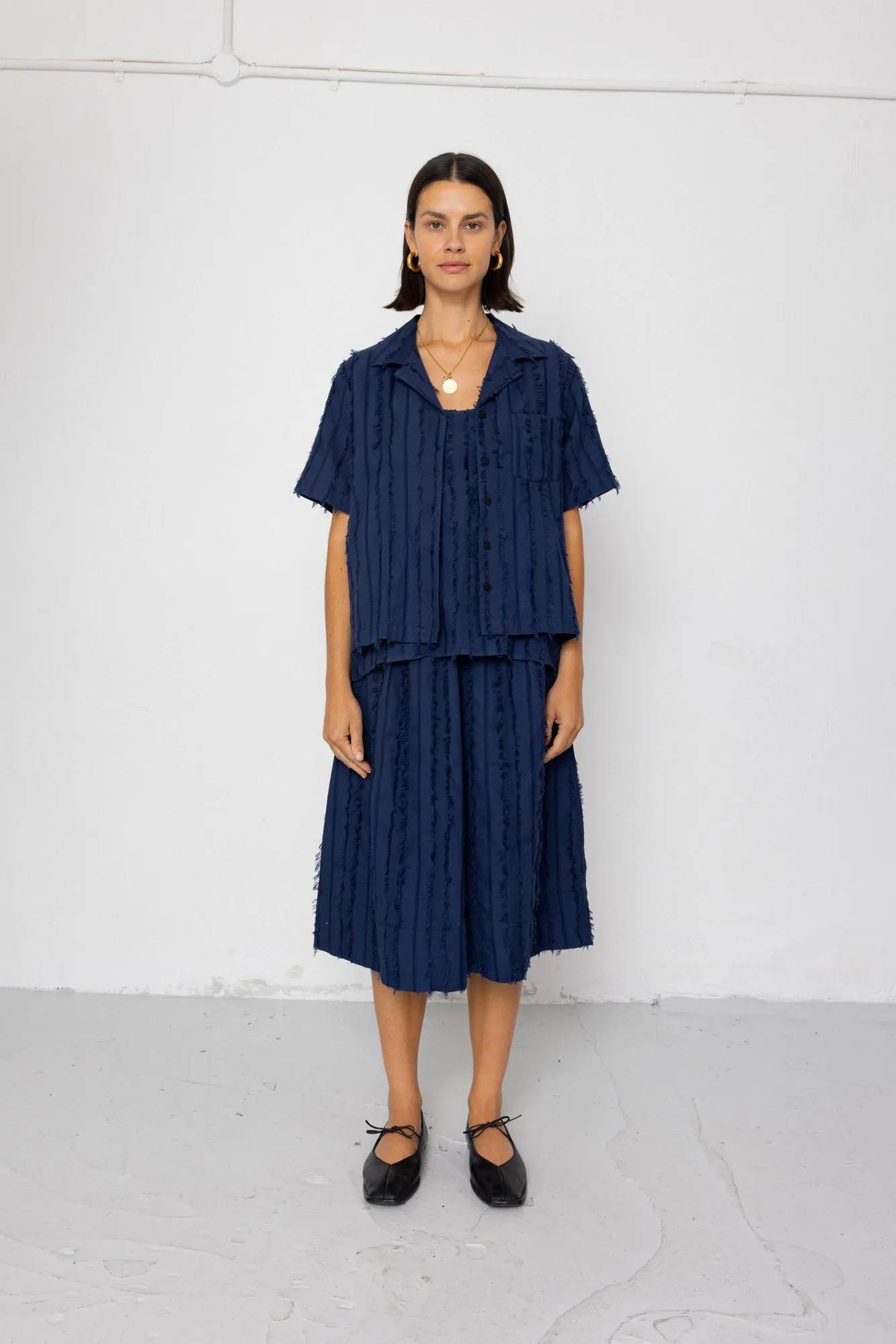 Short Sleeve Soft Collar Shirt - Dark Navy Cutwork Stripe sold by Folk product image thumbnail 4