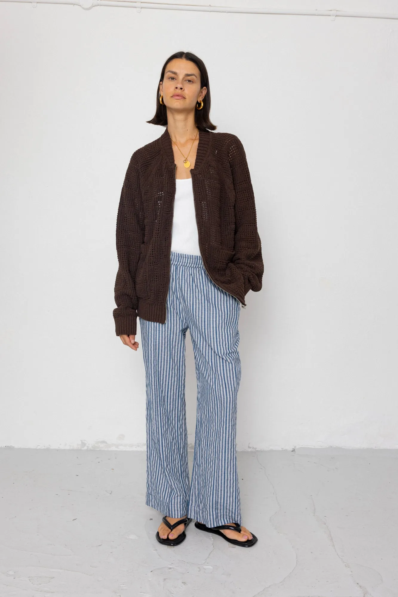 Wide Fit Trousers - Indigo Crinkle Mini Check sold by Folk