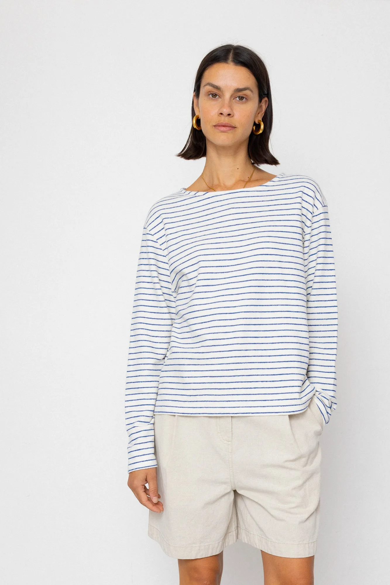 Boat Neck T-Shirt - Ecru / Bright Blue sold by Folk