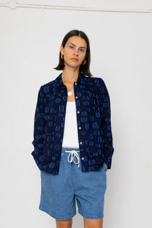 Pleated Shirt - Indigo Irregular Dot made by Folk
